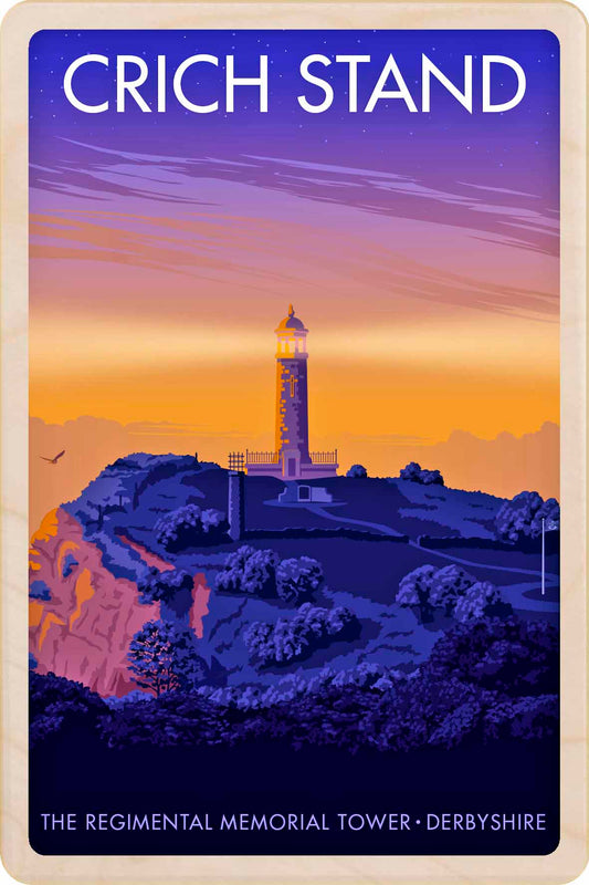 Chrich Stand, The Regimental Memorial Tower, Derbyshire - Original illustration by Stephen Millership, printed in Suffolk on sustainable wood. A durable, eco-friendly and display-worthy card, ideal to send, gift or collect.