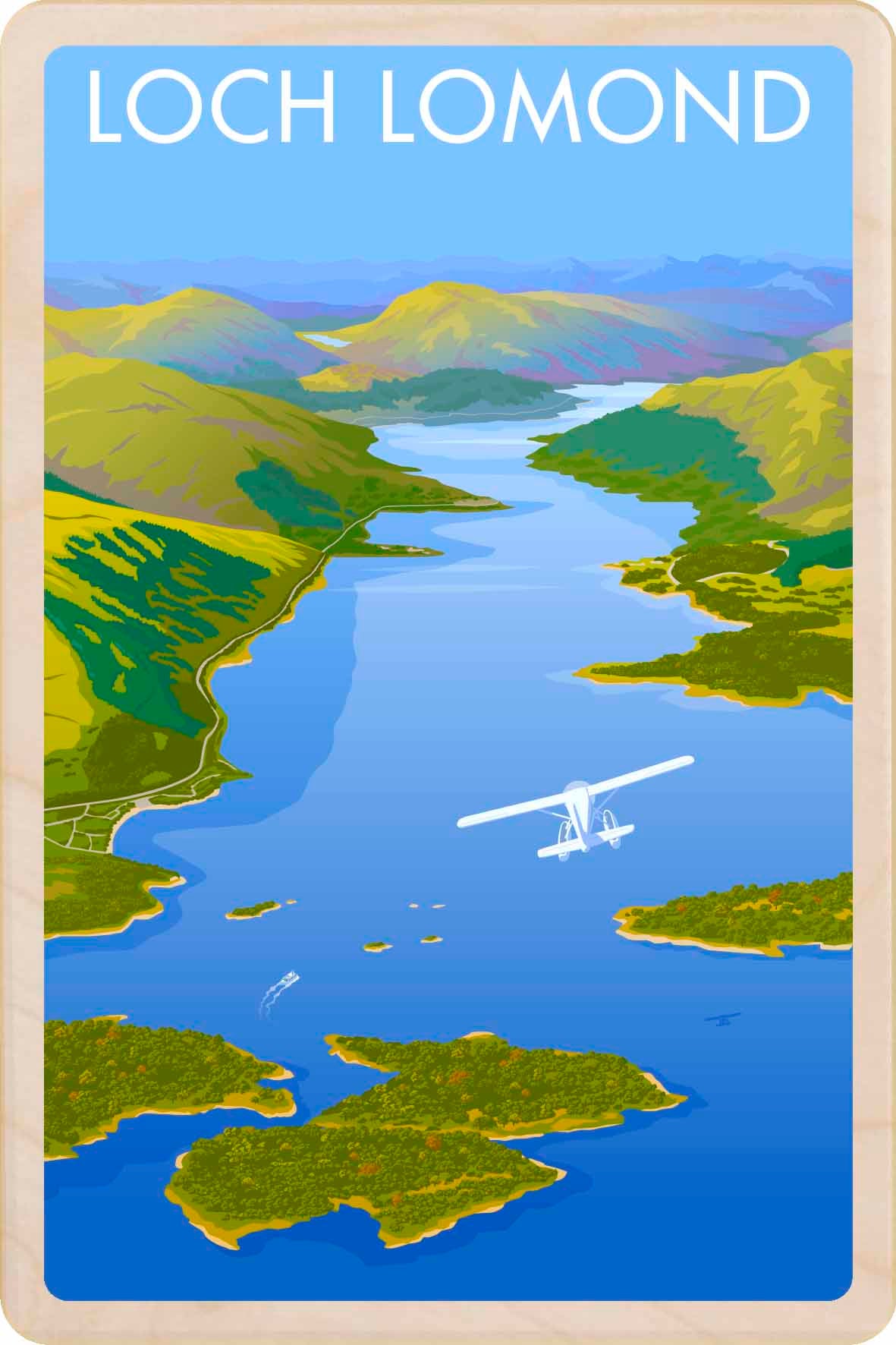 Loch Lomond, Scotland - Original&nbsp;illustration by Stephen Millership, printed in Suffolk on sustainable wood. A durable and display-worthy postcard—ideal to send, gift or collect.