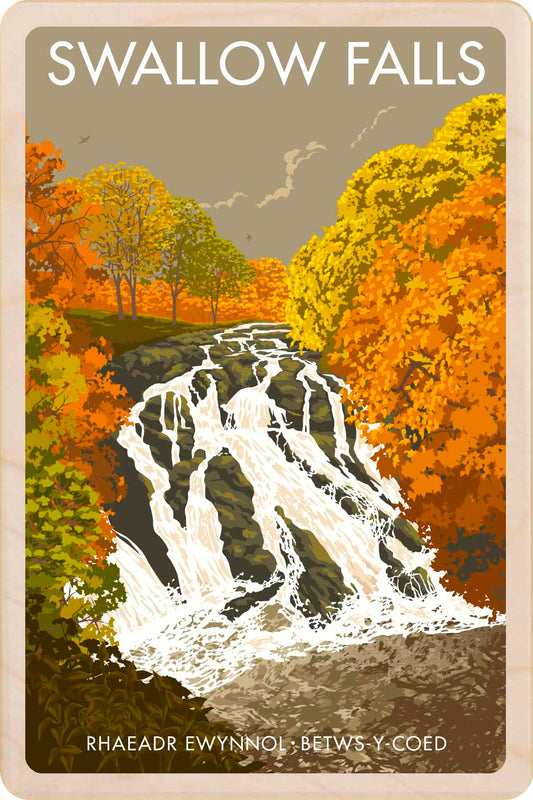 Swallow Falls, Wales - Original&nbsp;illustration by Stephen Millership, printed in Suffolk on sustainable wood. A durable and display-worthy postcard—ideal to send, gift or collect.