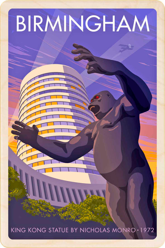 Birmingham, king Kong statue by Nicholas Monro - Original illustration by Stephen Millership, printed in Suffolk on sustainable wood. A durable and display-worthy postcard—ideal to send, gift or collect.