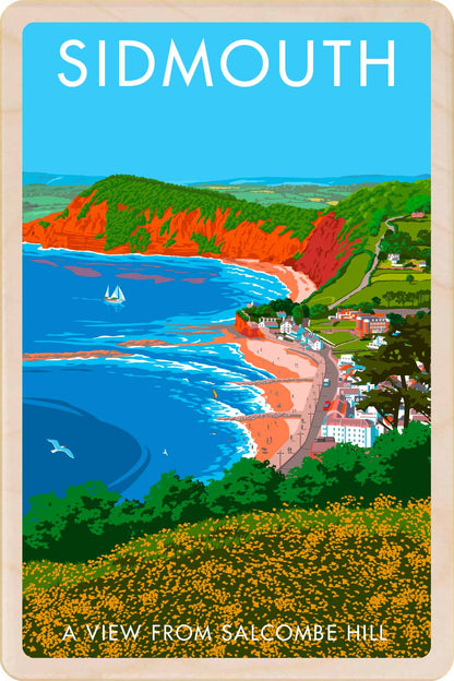 Sidmouth wooden postcard illustrated by Stephen Millership – printed on sustainable wood