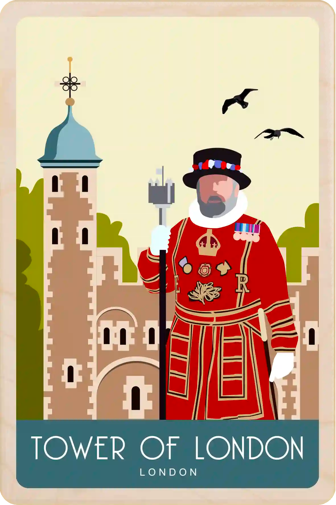 Beefeater, Tower of London - Wooden Postcard. Lightweight, durable, and fully mailable, a unique gift, keepsake, or souvenir. The Wooden Postcard Company