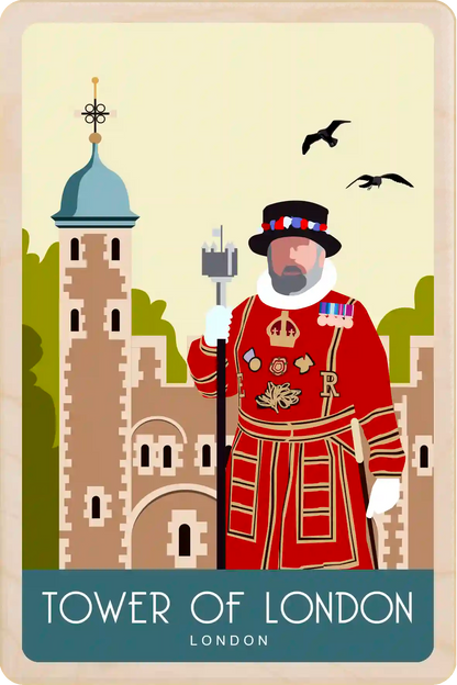 Beefeater, Tower of London - Wooden Postcard. Lightweight, durable, and fully mailable, a unique gift, keepsake, or souvenir. The Wooden Postcard Company