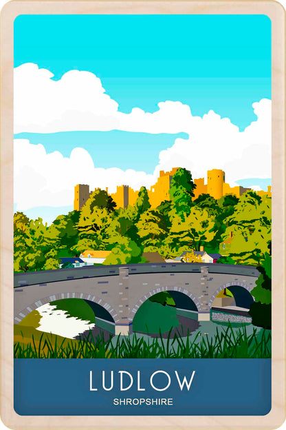 Wooden Postcard: Ludlow, Shropshire – Lightweight, mailable, and perfect for gifting, collecting, and displaying. Sustainable wood. Made in Suffolk since 2012.