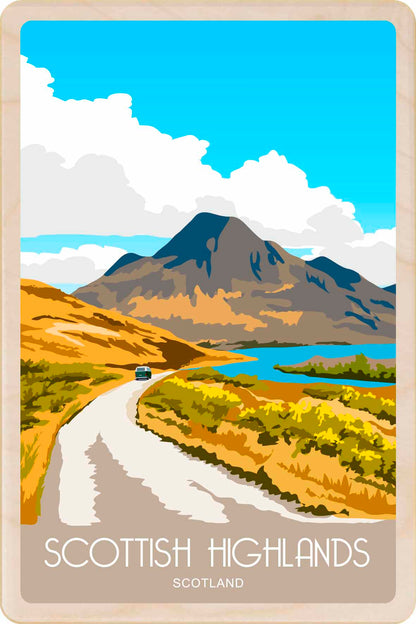 Scottish Highland - Wooden Postcard. Lightweight, mailable, and perfect for gifting, collecting, and displaying. Sustainable wood. Made in Suffolk since 2012.