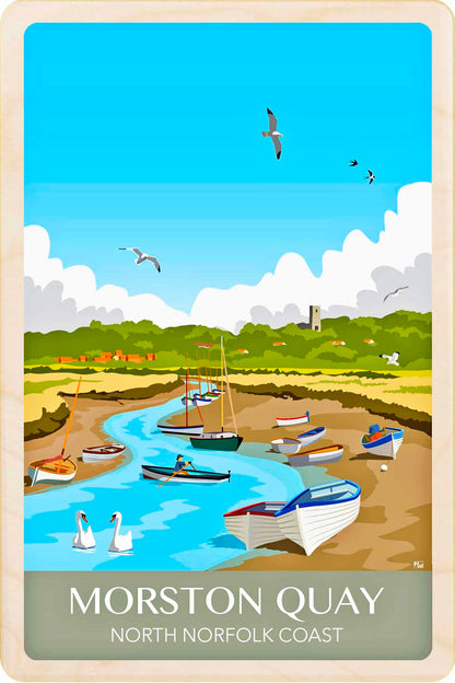 Wooden Postcard: Morston Quay, Norfolk – Lightweight, mailable, and perfect for gifting, collecting, and displaying. Sustainable wood. Made in Suffolk since 2012.