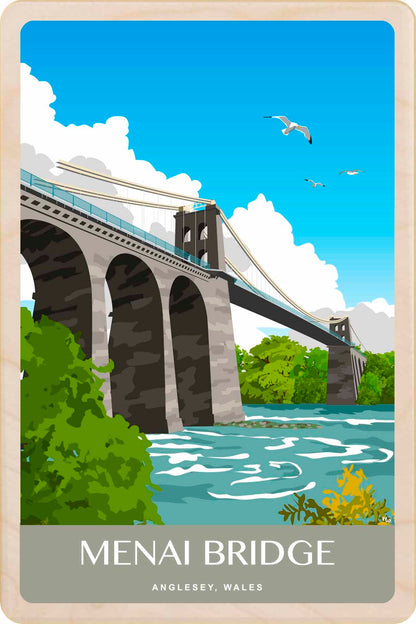 Menai Bridge in Wales, illustrated wooden postcard
