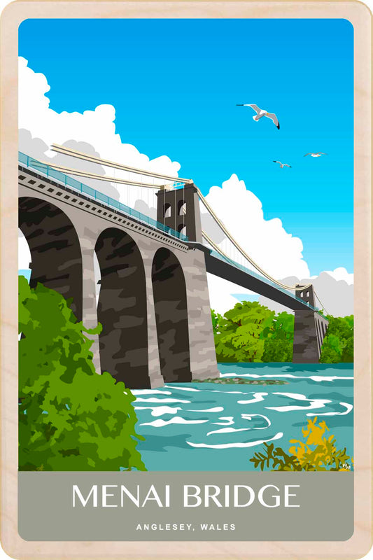 Menai Bridge in Wales, illustrated wooden postcard