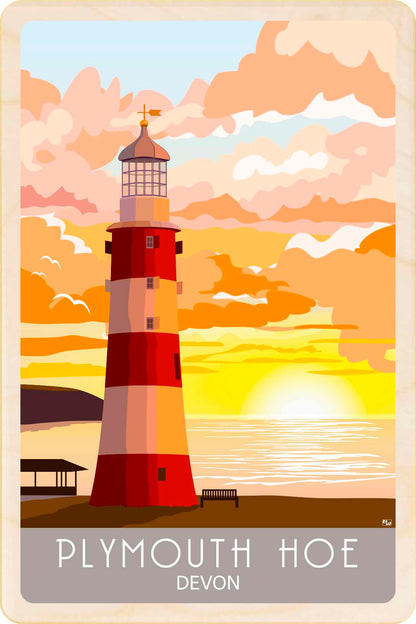 Wooden Postcard: Plymouth Hoe, Devon – Lightweight, mailable, and perfect for gifting, collecting, and displaying. Sustainable wood. Made in Suffolk since 2012.