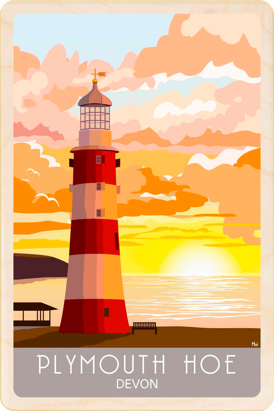 Wooden Postcard: Plymouth Hoe, Devon – Lightweight, mailable, and perfect for gifting, collecting, and displaying. Sustainable wood. Made in Suffolk since 2012.