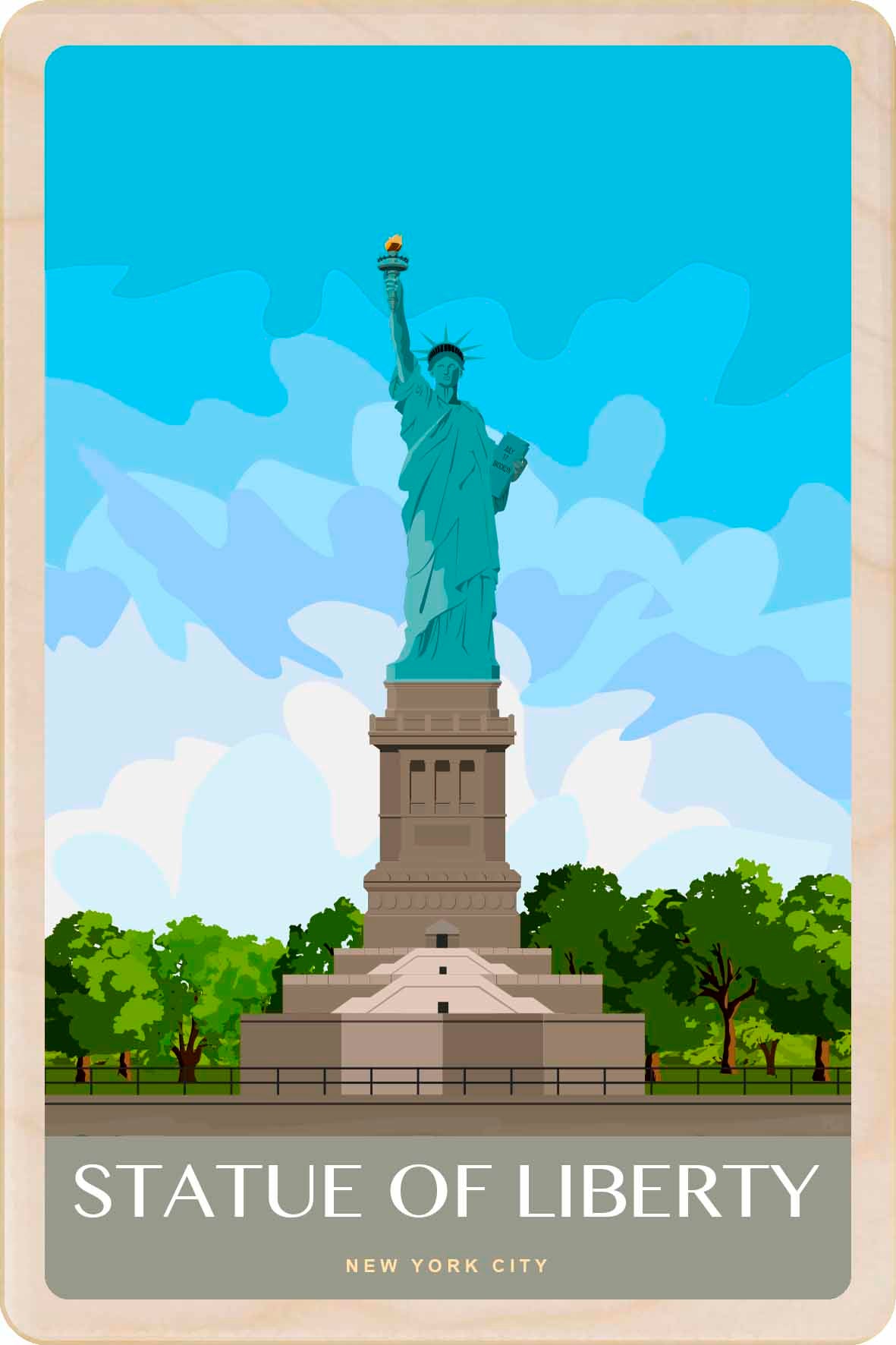 Illustration of the Statue of Liberty with a blue sky . Statue of Liberty, New York City - Sustainable Card - Wooden Postcard
Printed on sustainably sourced wood, measuring 10×15 cm, lightweight, durable, and fully mailable, this wooden postcard is ideal as a unique gift, keepsake, or souvenir.
