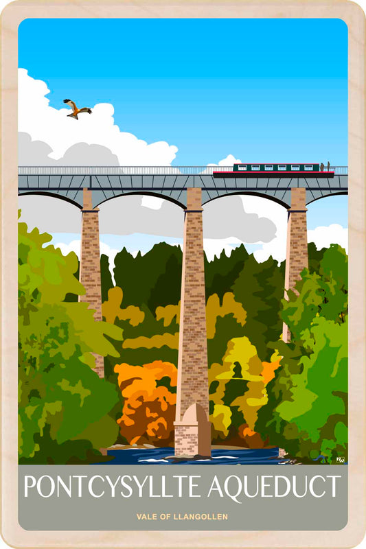 Illustration of Pontcysyllte Aqueduct with a train crossing it, surrounded by trees and blue sky.