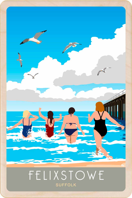 Felixstowe Swimmers - Wooden Postcard. Printed in high-quality colour on sustainably sourced wood. Measuring 10×15 cm, lightweight, durable, and fully mailable, it's ideal as a unique gift, keepsake, or souvenir.