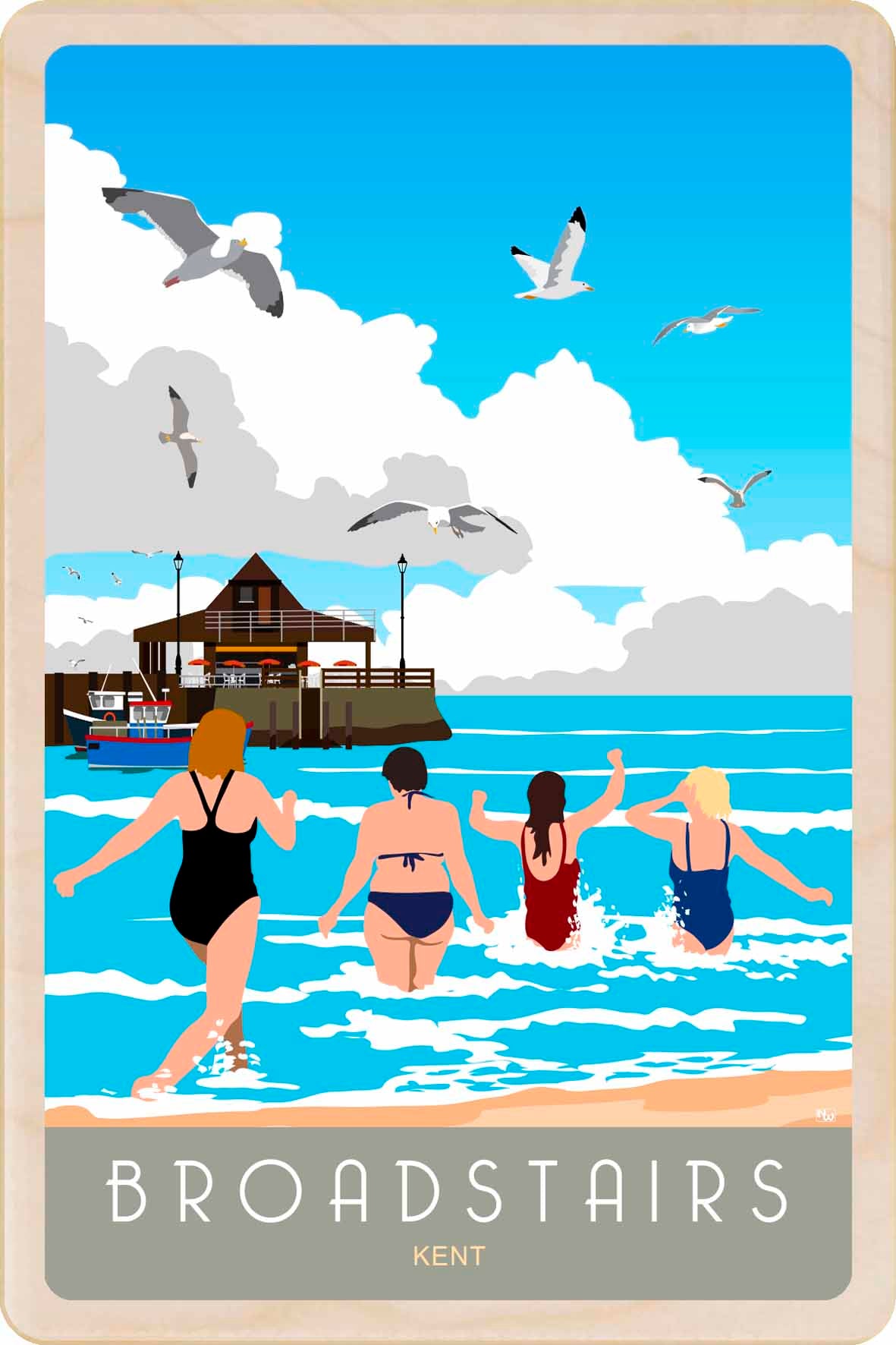 Broadstairs Swimmers, Kent - Wooden Postcard. Printed on sustainably sourced wood, measuring 10×15 cm, lightweight, durable, and fully mailable, this wooden postcard is ideal as a unique gift, keepsake, or souvenir.