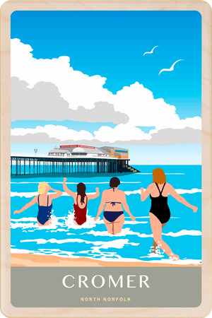 Cromer Swimmers, Norfolk - Wooden Postcard. Printed on sustainably sourced wood, measuring 10×15 cm, lightweight, durable, and fully mailable, this wooden postcard is ideal as a unique gift, keepsake, or souvenir.