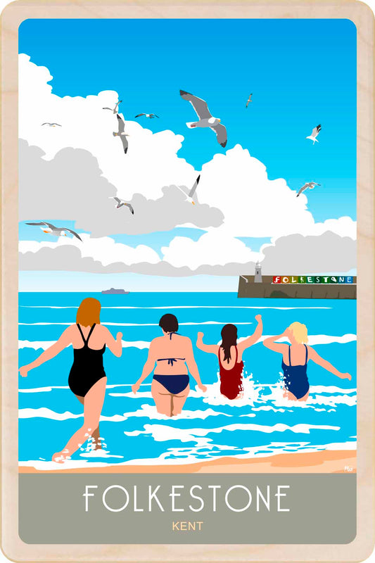 Folkestone Swimmers, Kent - Wooden Postcard. Printed on sustainably sourced wood, measuring 10×15 cm, lightweight, durable, and fully mailable, this wooden postcard is ideal as a unique gift, keepsake, or souvenir.