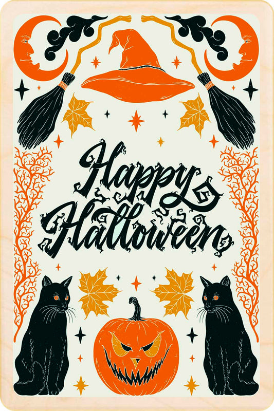 A wooden postcard with a Halloween theme, featuring a pumpkin, black cats, and a witch's hat, with the text 'Happy Halloween'. Happy Halloween!&nbsp; Sustainable Card - Wooden postcard

Made in Suffolk on sustainably sourced wood. Eco-friendly card to send, gift and display.