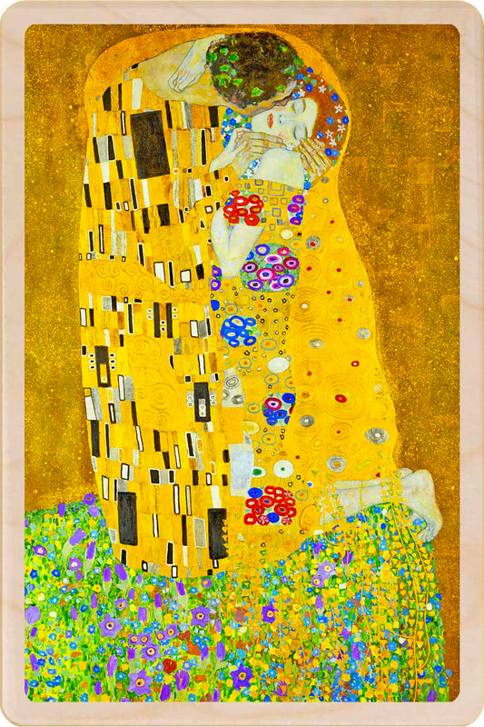 The most iconic of Klimt’s works, The Kiss. A timeless image printed on a sustainable wooden postcard—made to be sent and kept and displayed.