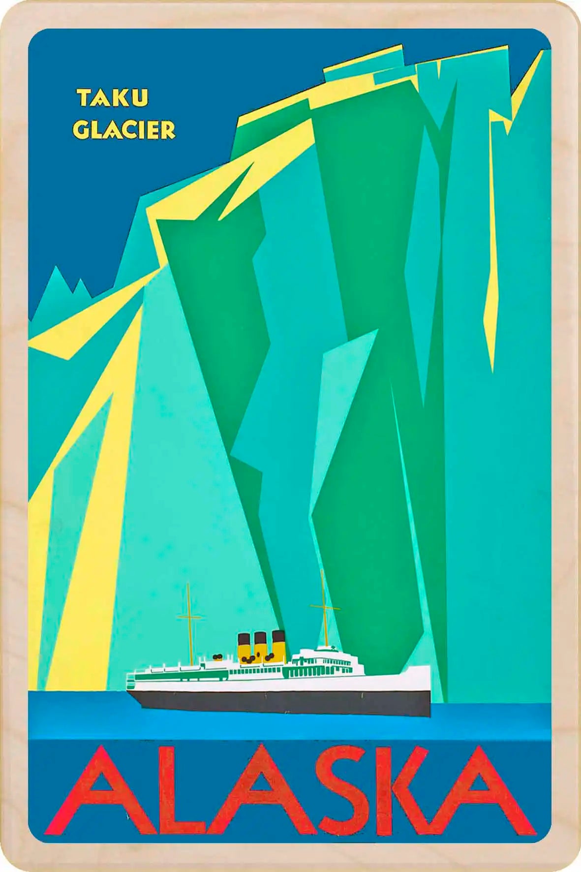 Vintage-style poster of Taku Glacier in Alaska with a ship and mountain landscape. Alaska Cruise – Eco-friendly Card - Wooden Postcard

Write on the back with any pen and post worldwide with a standard stamp. A smart, eco-friendly card and gift.