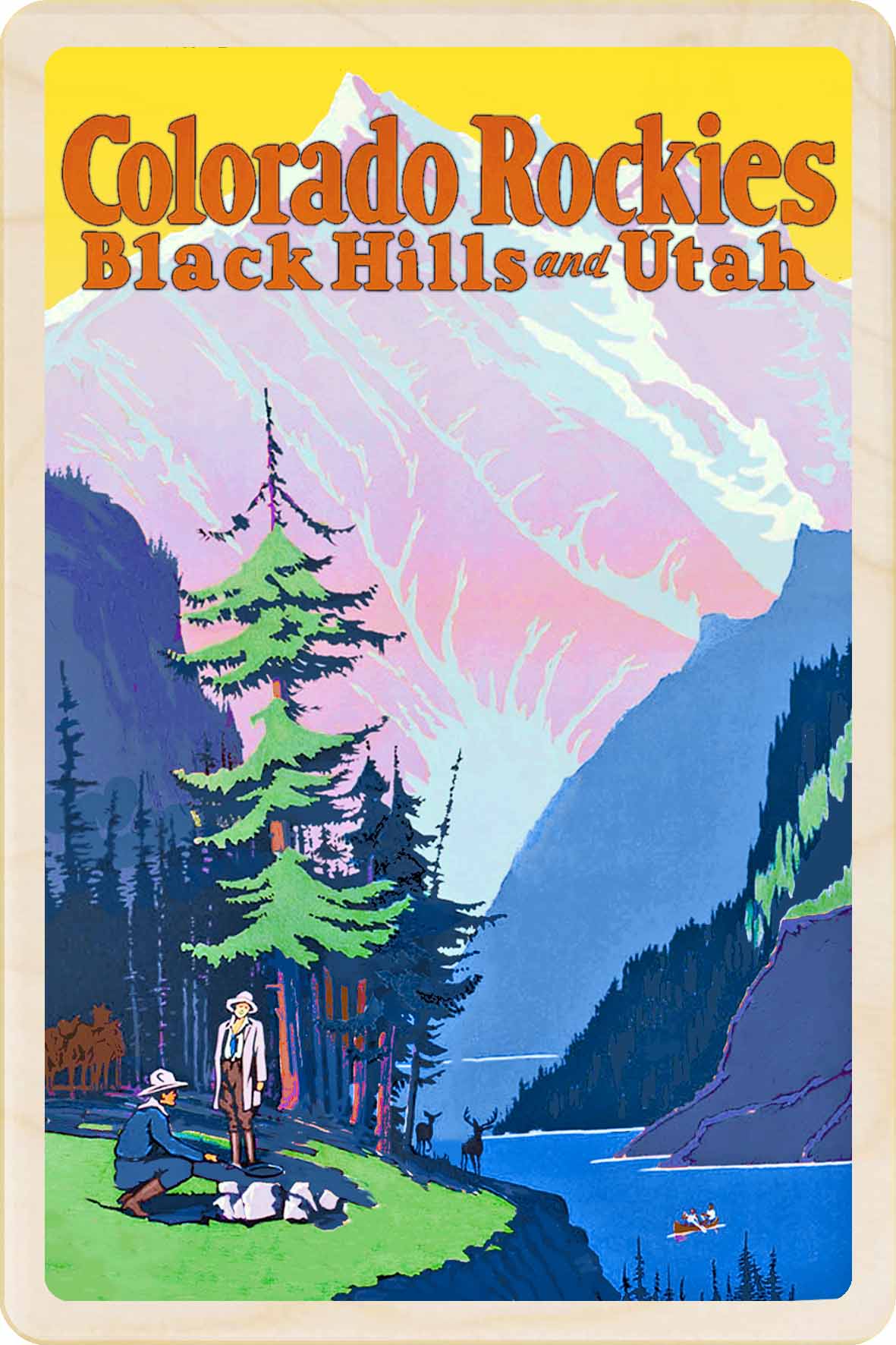 Vintage-style poster of the Colorado Rockies, Black Hills, and Utah with a mountain landscape and people by a lake. Colorado Rockies, Black Hills and utah – Eco-friendly Card - Wooden Postcard

Write on the back with any pen and post worldwide with a standard stamp. A smart, eco-friendly card and gift.