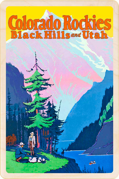 Vintage-style poster of the Colorado Rockies, Black Hills, and Utah with a mountain landscape and people by a lake. Colorado Rockies, Black Hills and utah – Eco-friendly Card - Wooden Postcard

Write on the back with any pen and post worldwide with a standard stamp. A smart, eco-friendly card and gift.