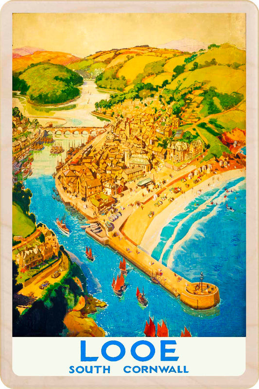 Looe in Cornwall - Wooden Postcard featuring an original vintage travel poster from ©National Railway Museum