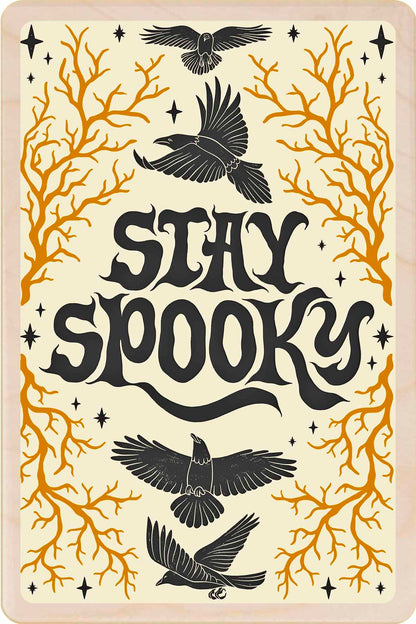A wooden postcard with 'STAY SPOOKY' text and an illustration of birds perched on branches with a Halloween-themed design. Stay Spooky! Sustainable Card - Wooden postcard

Made in Suffolk on sustainably sourced wood. Eco-friendly card to send, gift and display.