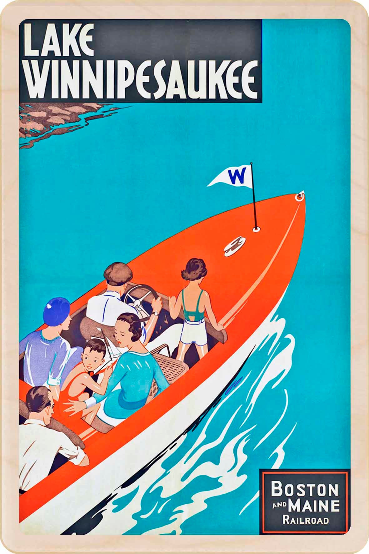 Vintage-style poster of a boat with people on Lake Winnipesaukee