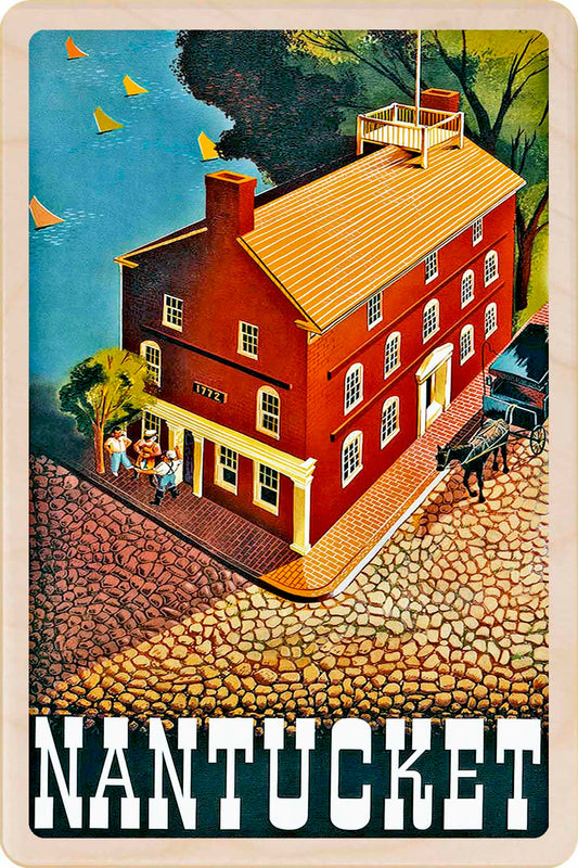 Vintage-style illustration of a red brick building in Nantucket with people and a horse-drawn carriage. Massachusetts,  – Eco-friendly Card - Wooden Postcard

Write on the back with any pen and post worldwide with a standard stamp. A smart, eco-friendly card and gift.