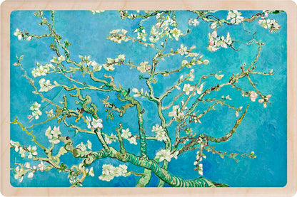 Wooden postcard featuring Almond Blossom by Vincent van Gogh. Printed in Suffolk on sustainable wood—made to be sent and displayed. Made in the UK since 2012.