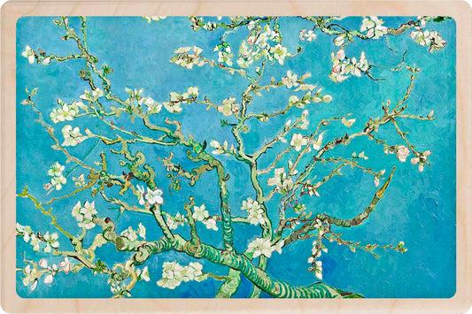 Wooden postcard featuring Almond Blossom by Vincent van Gogh. Printed in Suffolk on sustainable wood—made to be sent and displayed. Made in the UK since 2012.