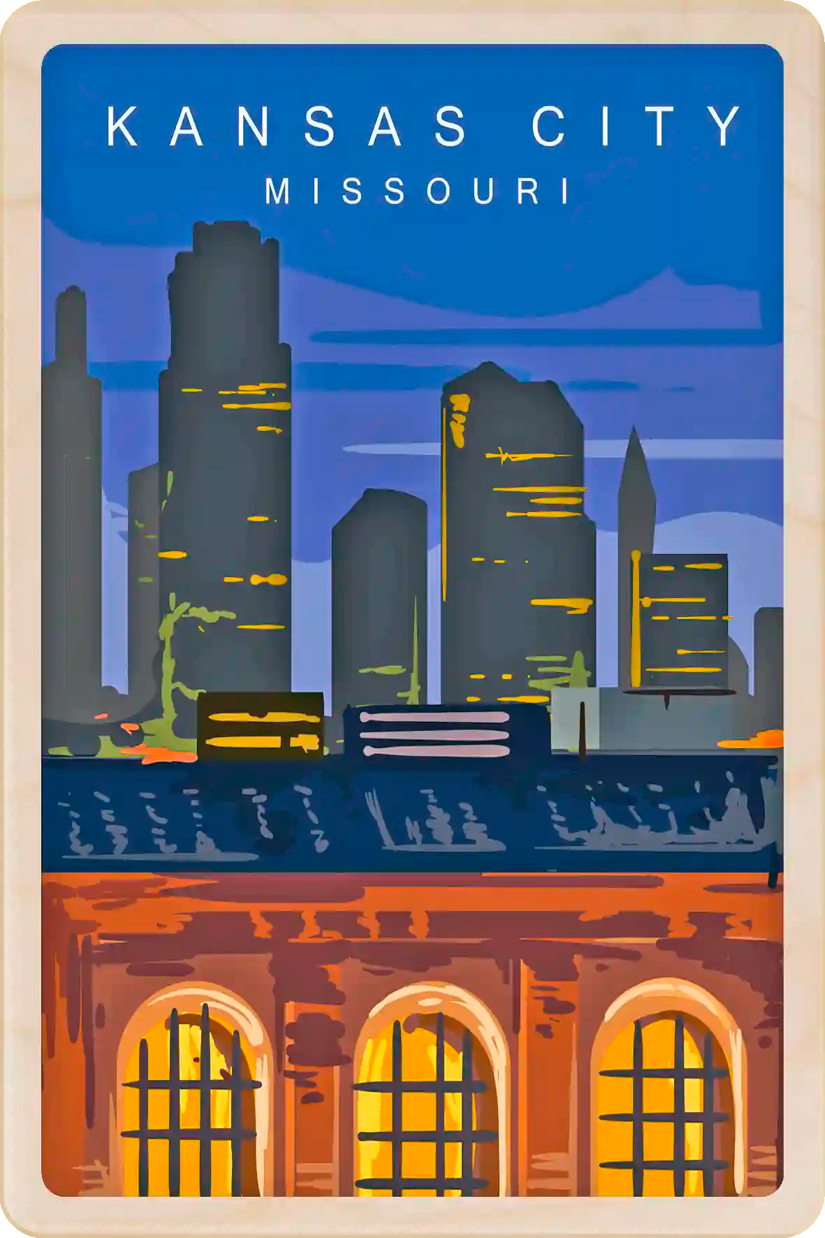 Kansas City, Missouri Travel Art Wooden Postcard to send, gift, and keep. The Wooden Postcard Company