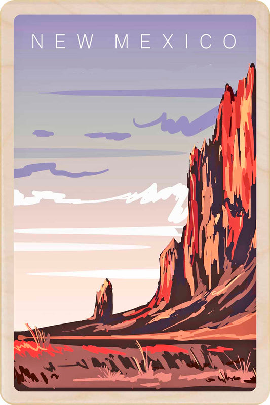 Vintage-style poster of New Mexico with desert landscape and red rock formations. New Mexico – Eco-friendly Card - Wooden Postcard

Write on the back with any pen and post worldwide with a standard stamp. A smart, eco-friendly card and gift.