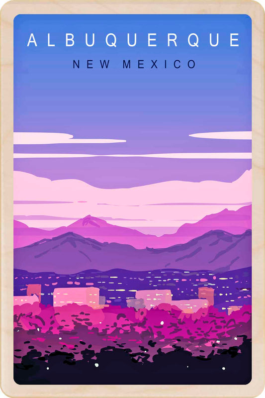 Poster of Albuquerque, New Mexico with a cityscape and mountain view. Albuquerque, New Mexico – Eco-friendly Card - Wooden Postcard

Write on the back with any pen and post worldwide with a standard stamp. A smart, eco-friendly card and gift.