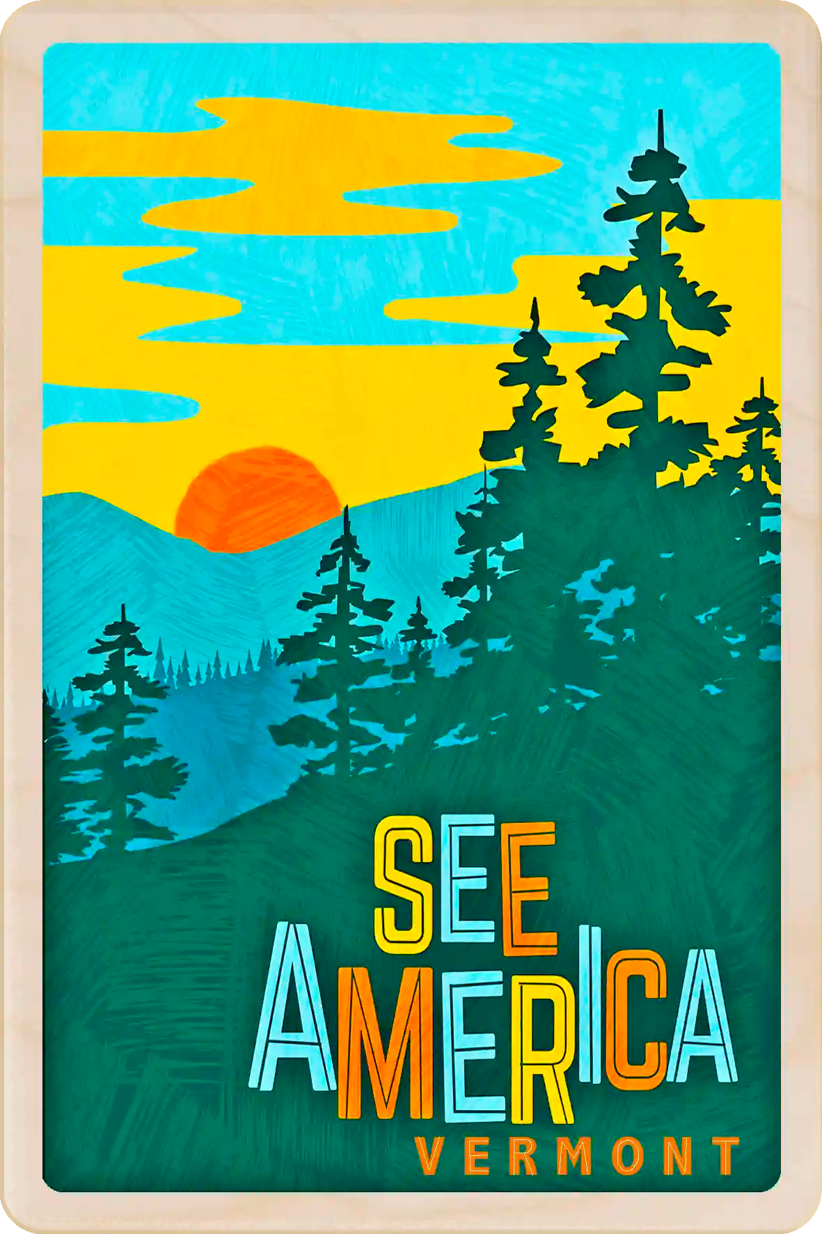 See America, Vermont Travel Art Wooden Postcard to send, gift, and keep. The Wooden Postcard Company