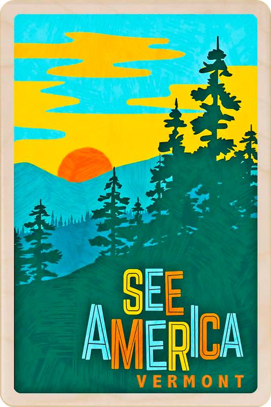 See America, Vermont Travel Art Wooden Postcard to send, gift, and keep. The Wooden Postcard Company