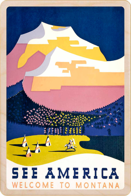 Vintage-style poster of a mountain landscape with 'See America Welcome to Montana' text. Montana - See America – Eco-friendly Card - Wooden Postcard

Write on the back with any pen and post worldwide with a standard stamp. A smart, eco-friendly card and gift.