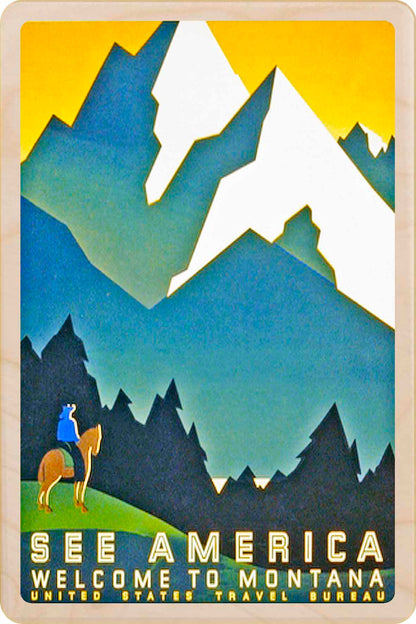 Vintage-style poster with mountains, a person on horseback, and 'See America Welcome to Montana' text. See America – Eco-friendly Card -Wooden Postcard

Write on the back with any pen and post worldwide with a standard stamp. A smart, eco-friendly card and gift.