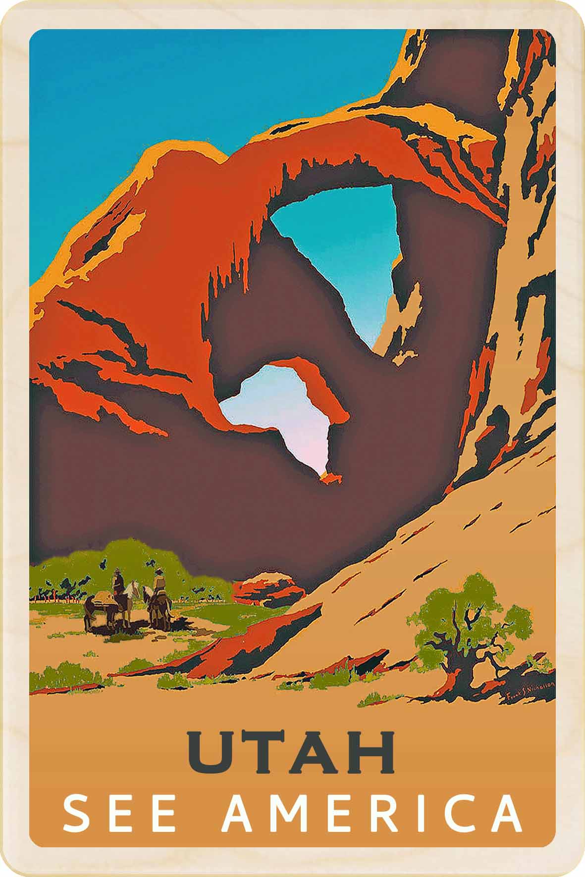 Illustration of a natural arch with people and trees, featuring 'Utah See America' text. Utah - See America – Eco-friendly Card -&nbsp; Wooden Postcard

Write on the back with any pen and post worldwide with a standard stamp. A smart, eco-friendly card and gift.