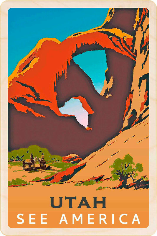 Illustration of a natural arch with people and trees, featuring 'Utah See America' text. Utah - See America – Eco-friendly Card -&nbsp; Wooden Postcard

Write on the back with any pen and post worldwide with a standard stamp. A smart, eco-friendly card and gift.