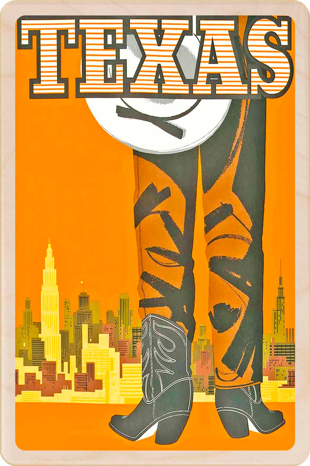 Vintage-style poster of a person wearing cowboy boots with 'TEXAS' text and city skyline. Texas – Eco-friendly Card - Wooden Postcard

Write on the back with any pen and post worldwide with a standard stamp. A smart, eco-friendly card and gift.