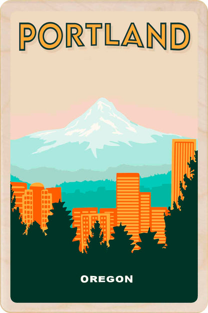 Illustration of Portland, Oregon with buildings and Mount Hood. Portland, Oregon – Eco-friendly Card - Wooden Postcard

Write on the back with any pen and post worldwide with a standard stamp. A smart, eco-friendly card and gift.