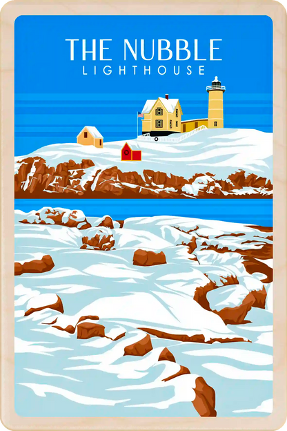 The Nubble Lighthouse, Maine Travel Art Wooden Postcard to send, gift, and keep. The Wooden Postcard Company