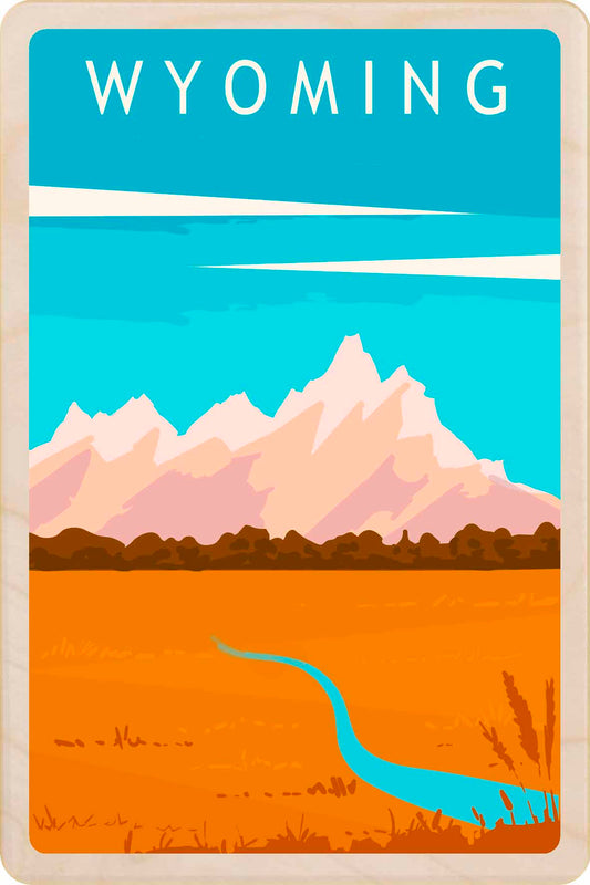 Poster of Wyoming with mountains and a river. Wyoming – Eco-friendly Card -&nbsp; Wooden Postcard

Write on the back with any pen and post worldwide with a standard stamp. A smart, eco-friendly card and gift.