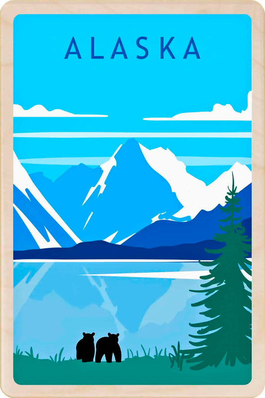 Alaska Cruise – Eco-friendly Card - Wooden Postcard
Write on the back with any pen and post worldwide with a standard stamp. A smart, eco-friendly card and gift.Alaska-themed poster with mountains, bears, and a pine tree.
