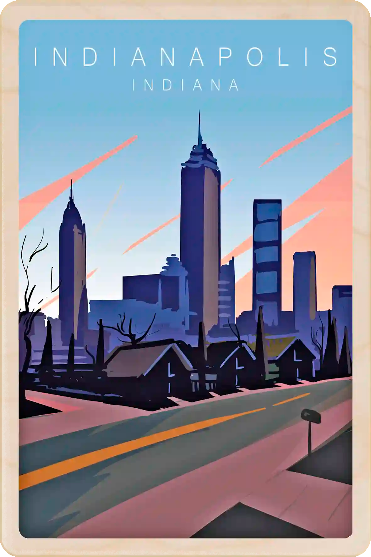 Indianapolis, Indiana Travel Art Wooden Postcard to send, gift, and keep. The Wooden Postcard Company