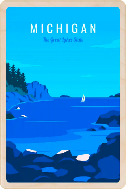 Michigan Travel Art Wooden Postcard to send, gift, and keep. The Wooden Postcard Company