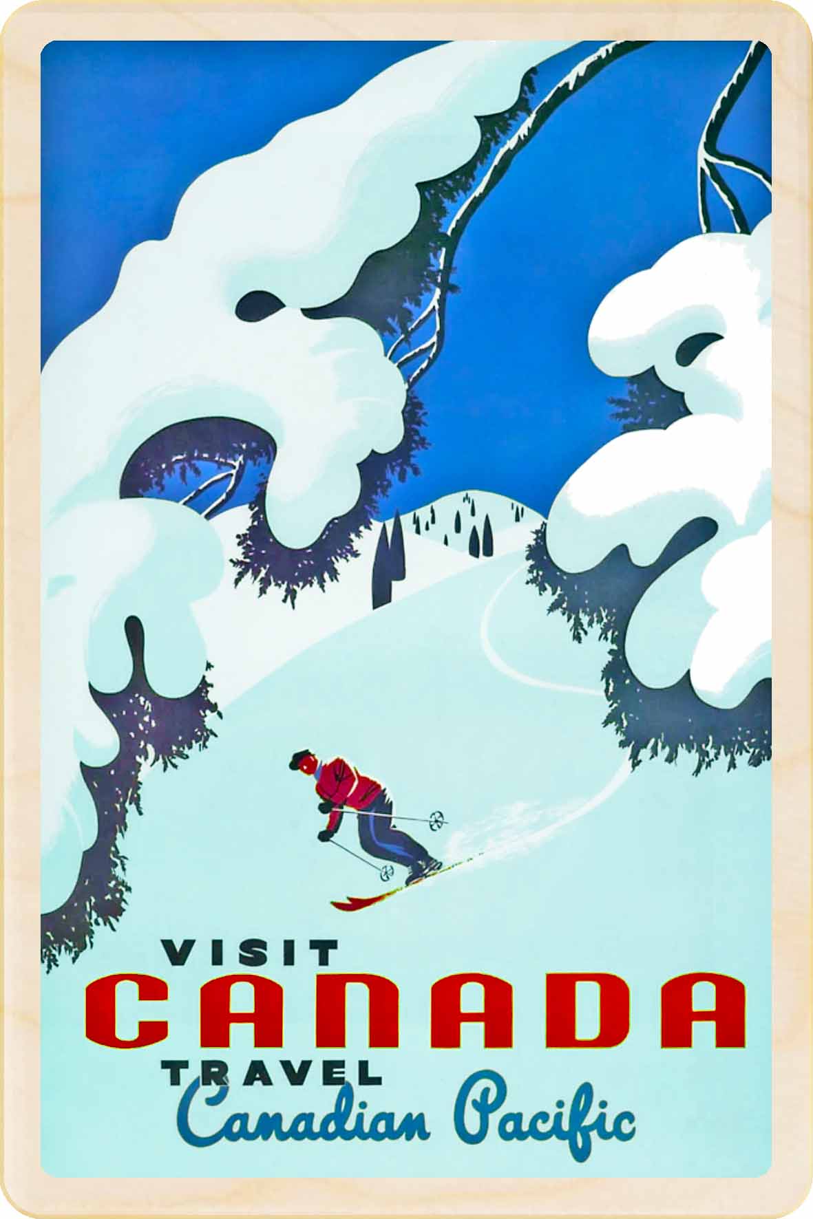 Vintage-style travel poster for Canada with a skier and snowy landscape. Visit Canada - Wooden Postcard to send and to keep. An original illustration, inspired by iconic Canadian imagery, sites and landmarks.