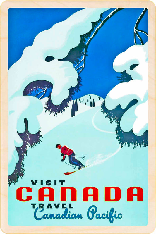 Vintage-style travel poster for Canada with a skier and snowy landscape. Visit Canada - Wooden Postcard to send and to keep. An original illustration, inspired by iconic Canadian imagery, sites and landmarks.