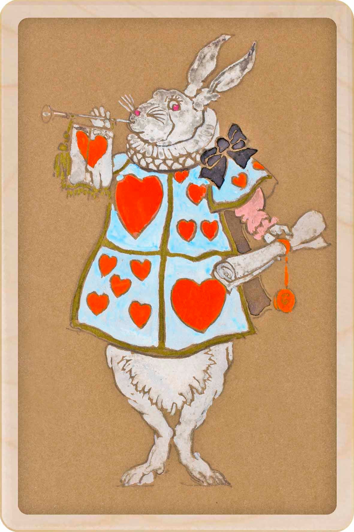 Wooden postcard featuring 1915 illustration of the White Rabbit from Alice in Wonderland by William Penhallow Henderson, printed on sustainable wood.